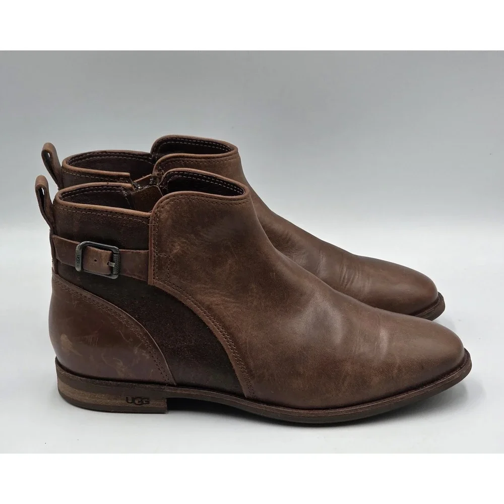 UGG Demi‎ Boot Womens 6 Brown Leather Shearling Lined Ankle Zip Buckle